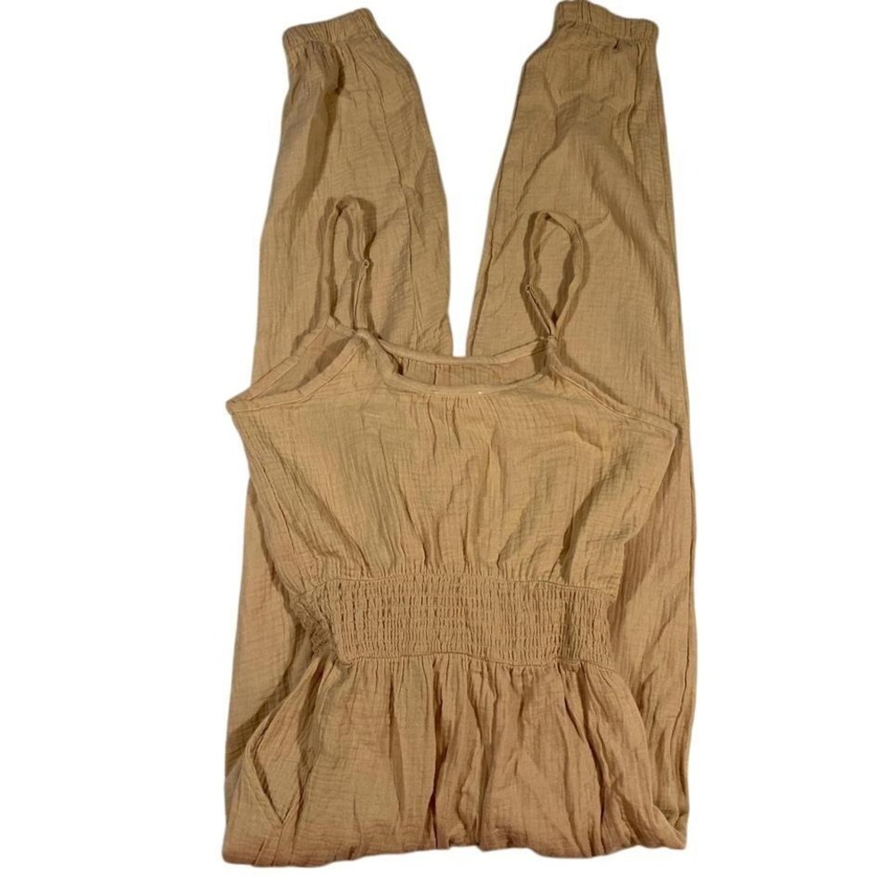 Summer Jumpsuit Romper Smocked Beige Casual Festival Comfy Lounge Beach  Small